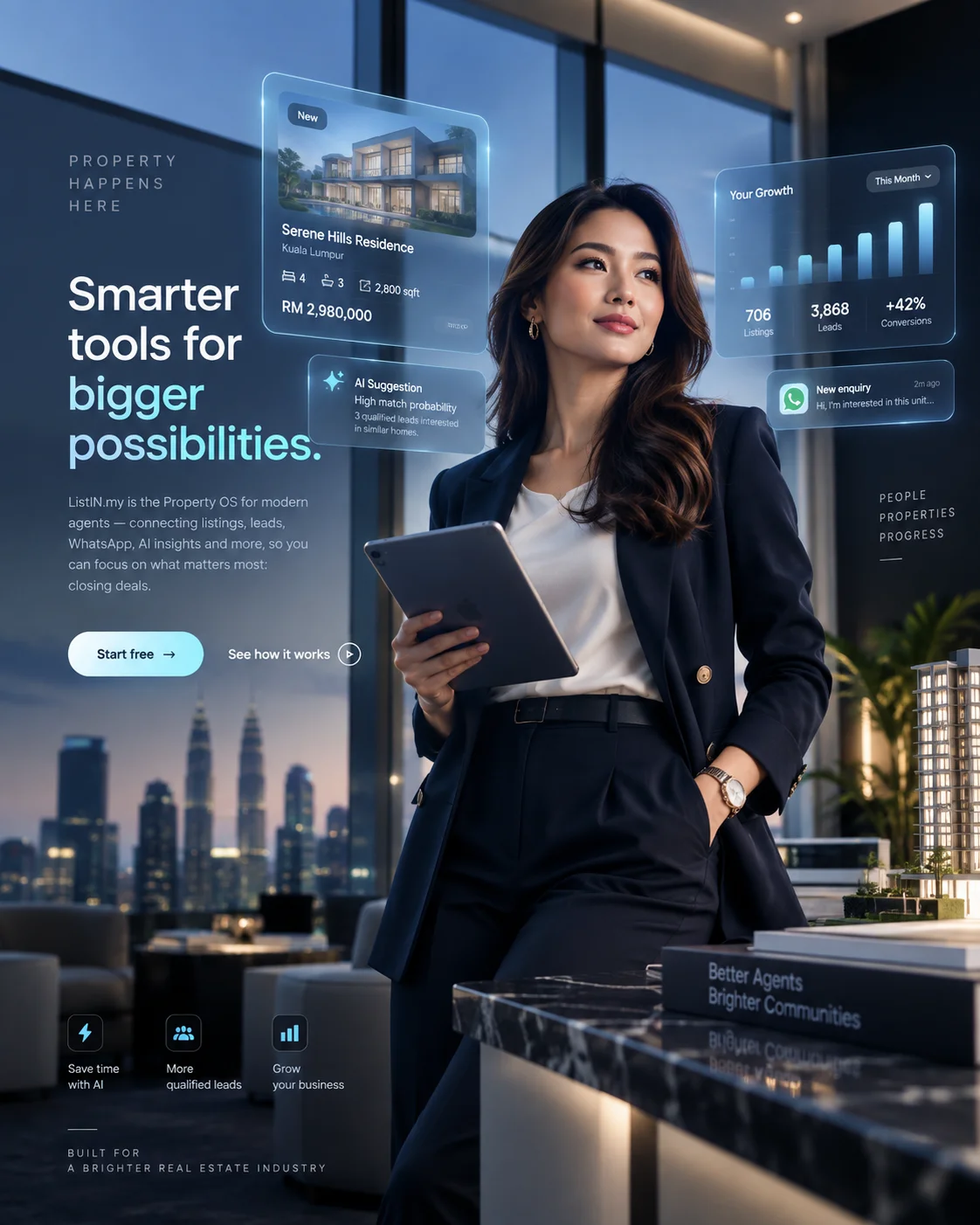 A property professional using a tablet, with listing, messaging and business insight panels floating around her